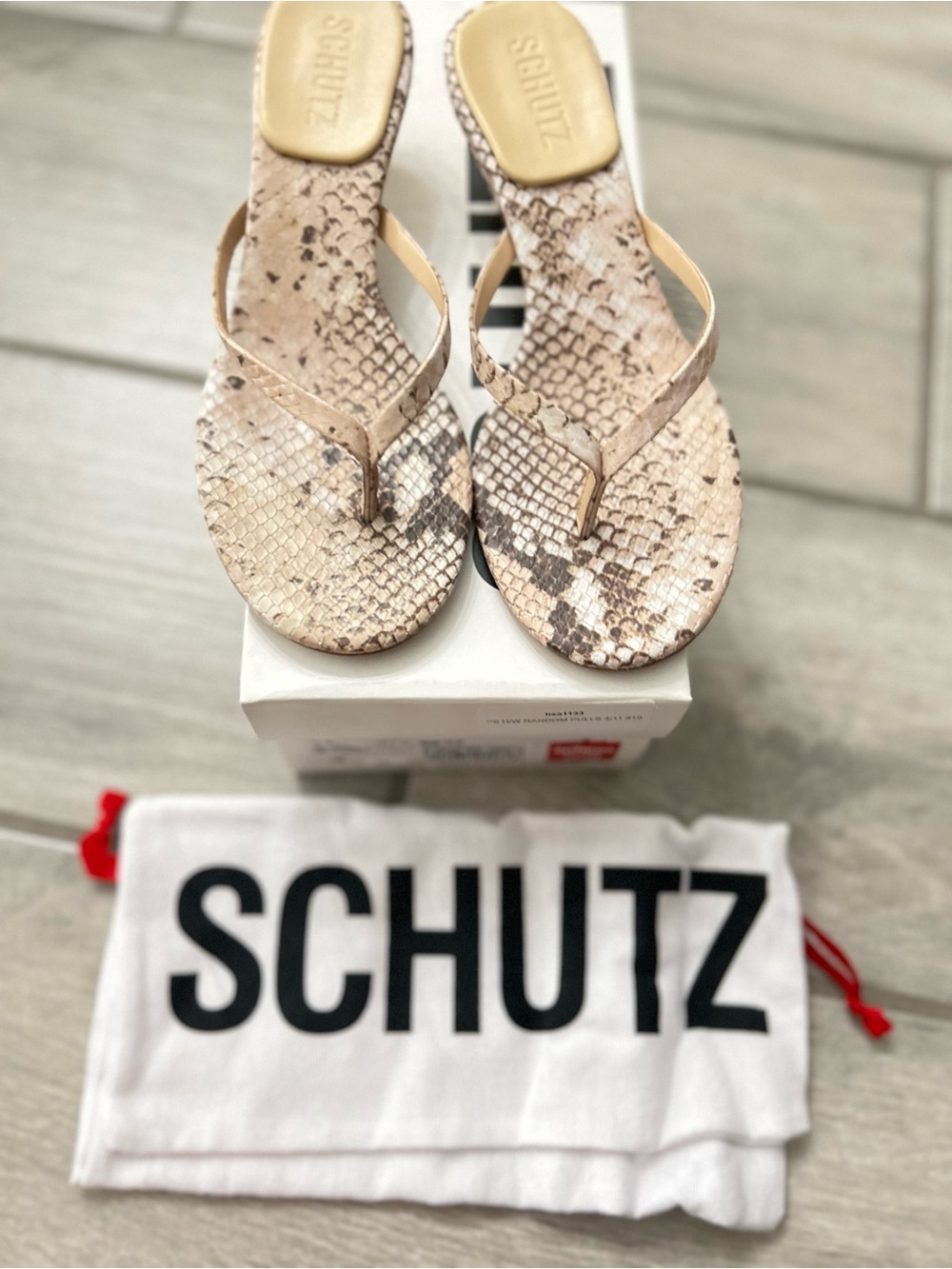 Schutz Women’s Snake-Print Thong Sandals in Beige Size 5